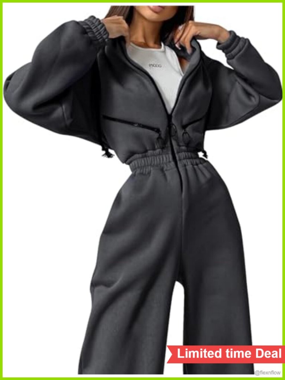 Fleece Jumpsuit One Piece Hooded Sweatshirt Set Zip Up Women